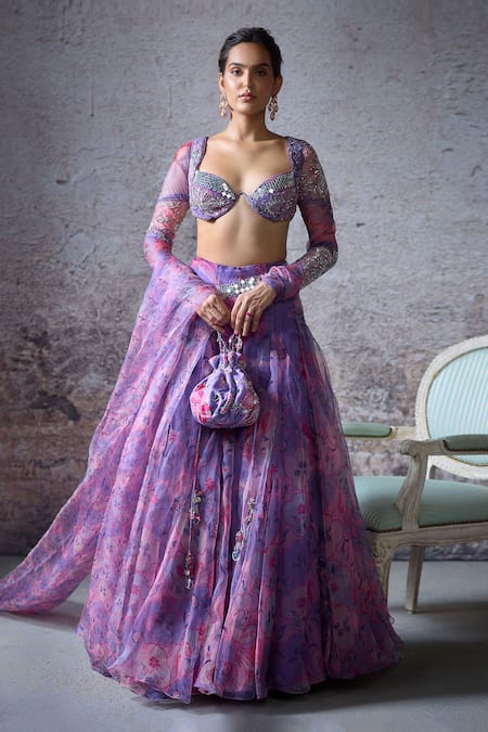 Mahima Mahajan Purple Organza Embroidered Mirror Plunge Bhavna Floral Print Lehenga Set 