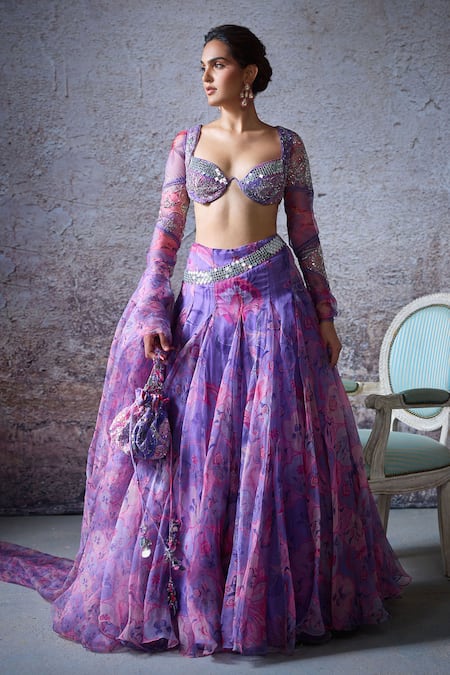 Shop Mahima Mahajan Purple Organza Embroidery, Beads, Sequins Plunge Bhavna Floral Print Lehenga Set at Aza Fashions Shop_Mahima Mahajan_Purple Organza Embroidery, Beads, Sequins Plunge Bhavna Floral Print Lehenga Set _at_Aza_Fashions