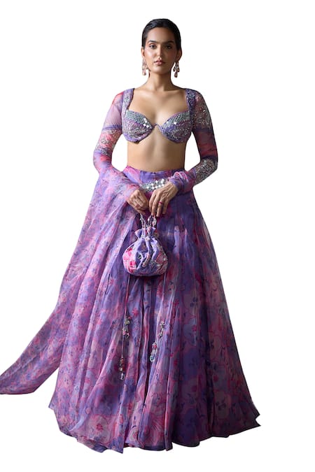 Mahima Mahajan Purple Organza Embroidery, Beads, Sequins Plunge Bhavna Floral Print Lehenga Set Online at Aza Fashions Mahima Mahajan_Purple Organza Embroidery, Beads, Sequins Plunge Bhavna Floral Print Lehenga Set _Online_at_Aza_Fashions