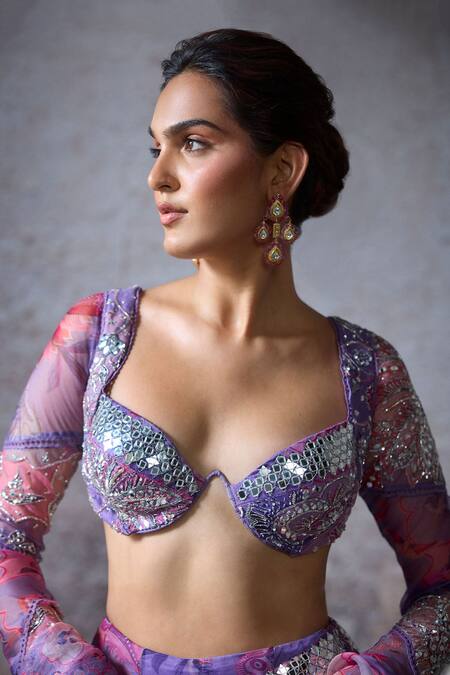 Shop Mahima Mahajan Purple Organza Embroidery, Beads, Sequins Plunge Bhavna Floral Print Lehenga Set Online at Aza Fashions Shop_Mahima Mahajan_Purple Organza Embroidery, Beads, Sequins Plunge Bhavna Floral Print Lehenga Set _Online_at_Aza_Fashions