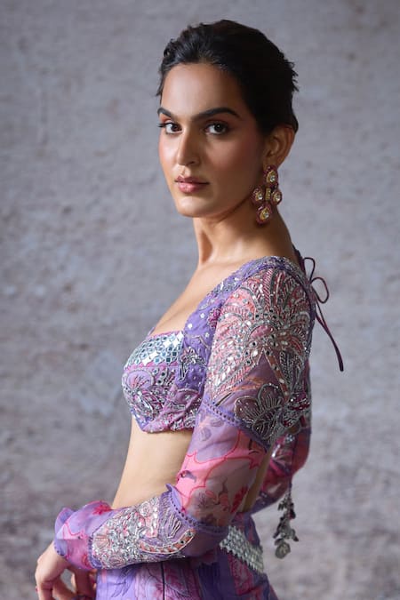 Mahima Mahajan Purple Organza Embroidery, Beads, Sequins Plunge Bhavna Floral Print Lehenga Set at Aza Fashions Mahima Mahajan_Purple Organza Embroidery, Beads, Sequins Plunge Bhavna Floral Print Lehenga Set _at_Aza_Fashions