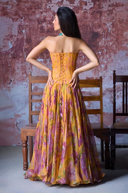 Mahima Mahajan Mustard Yellow Floral Print Corset Gown 