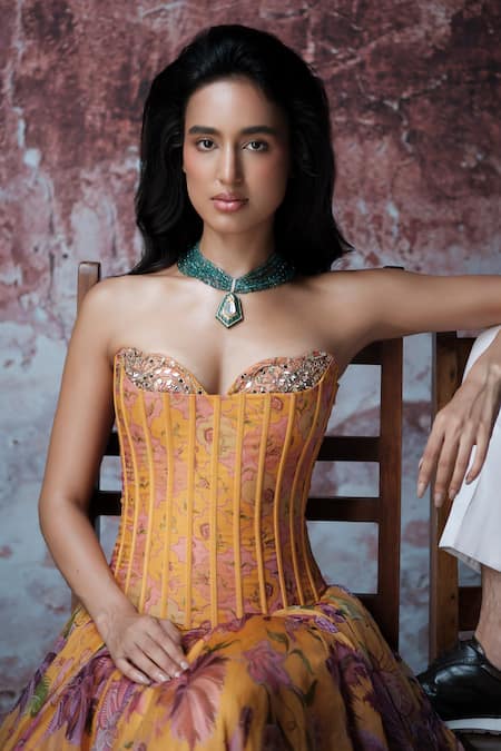 Mahima Mahajan_Yellow Organza Beads, Sequins Sweetheart Neck Mustard Floral Print Corset Gown _Online_at_Aza_Fashions
