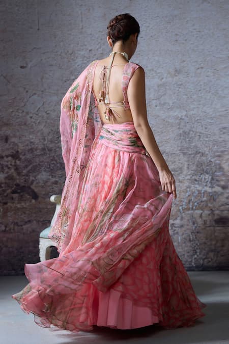 Shop Mahima Mahajan Pink Organza Beads, Sequins Plunge Neck Dua Floral Print Gathered Lehenga Set at Aza Fashions Shop_Mahima Mahajan_Pink Organza Beads, Sequins Plunge Neck Dua Floral Print Gathered Lehenga Set _at_Aza_Fashions