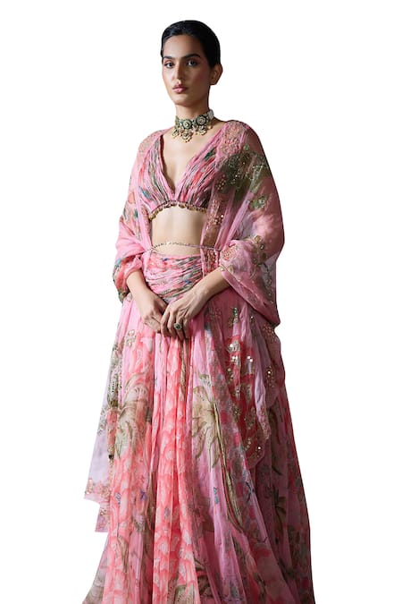 Mahima Mahajan Pink Organza Beads, Sequins Plunge Neck Dua Floral Print Gathered Lehenga Set Online at Aza Fashions Mahima Mahajan_Pink Organza Beads, Sequins Plunge Neck Dua Floral Print Gathered Lehenga Set _Online_at_Aza_Fashions