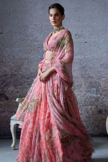 Buy Mahima Mahajan Pink Organza Beads, Sequins Plunge Neck Dua Floral Print Gathered Lehenga Set Online at Aza Fashions Buy_Mahima Mahajan_Pink Organza Beads, Sequins Plunge Neck Dua Floral Print Gathered Lehenga Set _Online_at_Aza_Fashions