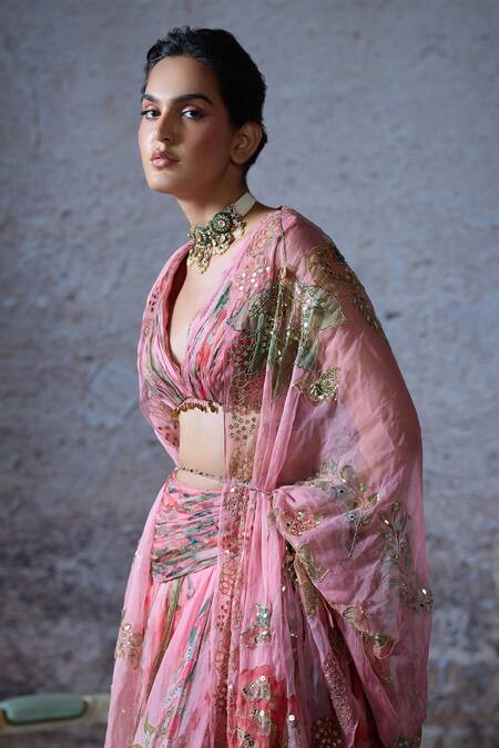 Shop Mahima Mahajan Pink Organza Beads, Sequins Plunge Neck Dua Floral Print Gathered Lehenga Set Online at Aza Fashions Shop_Mahima Mahajan_Pink Organza Beads, Sequins Plunge Neck Dua Floral Print Gathered Lehenga Set _Online_at_Aza_Fashions