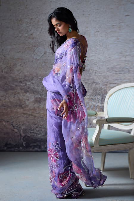 Shop_Mahima Mahajan_Purple Organza Sequins, Embroidery, Beads Janvi Floral Pre-draped Saree Set _Online_at_Aza_Fashions