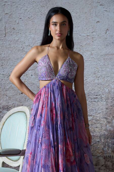 Mahima Mahajan_Purple Organza Embroidery, Mirrors, Sequins Plunge Neck Lisa Floral Yoke Gown _Online_at_Aza_Fashions
