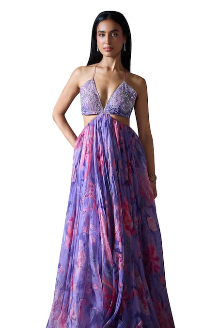 Buy_Mahima Mahajan_Purple Organza Embroidery, Mirrors, Sequins Plunge Neck Lisa Floral Yoke Gown _Online_at_Aza_Fashions