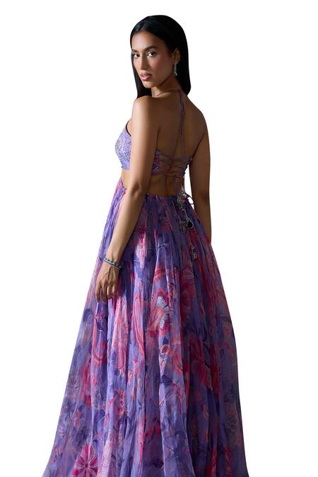 Shop_Mahima Mahajan_Purple Organza Embroidery, Mirrors, Sequins Plunge Neck Lisa Floral Yoke Gown _Online_at_Aza_Fashions