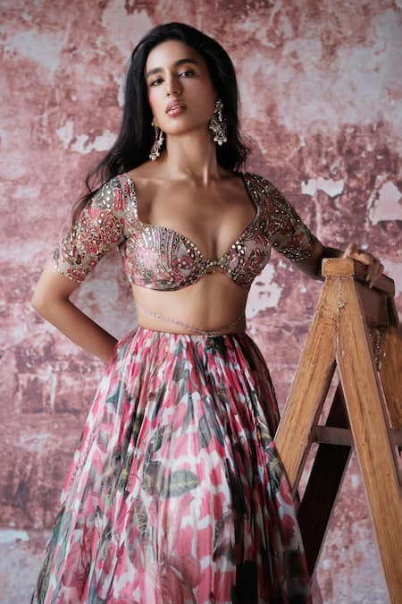 Mahima Mahajan_Pink Organza Sequins, Embroidery, Mirrors Misha Bloom Print Lehenga Set _Online_at_Aza_Fashions