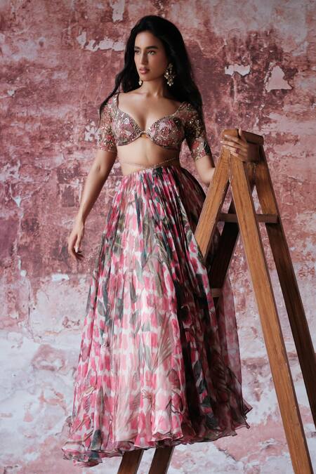 Buy_Mahima Mahajan_Pink Organza Sequins, Embroidery, Mirrors Misha Bloom Print Lehenga Set _Online_at_Aza_Fashions