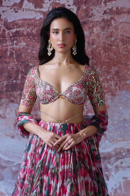Shop_Mahima Mahajan_Pink Organza Sequins, Embroidery, Mirrors Misha Bloom Print Lehenga Set _Online_at_Aza_Fashions