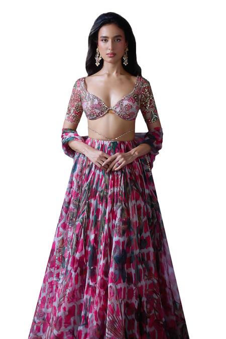Buy_Mahima Mahajan_Pink Organza Sequins, Embroidery, Mirrors Misha Bloom Print Lehenga Set 