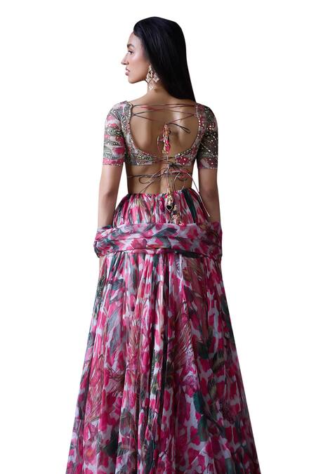 Shop_Mahima Mahajan_Pink Organza Sequins, Embroidery, Mirrors Misha Bloom Print Lehenga Set 