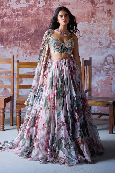 Mahima Mahajan Pink Organza Print Floral Sweetheart Neck Myra Bloom Lehenga Set 