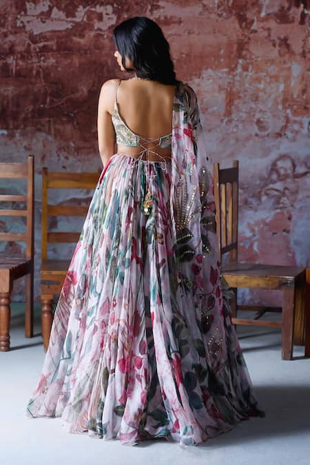 Shop Mahima Mahajan Pink Organza Embroidery, Sequins, Mirrors Myra Bloom Print Lehenga Set at Aza Fashions Shop_Mahima Mahajan_Pink Organza Embroidery, Sequins, Mirrors Myra Bloom Print Lehenga Set _at_Aza_Fashions