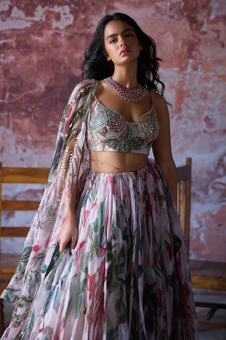 Shop Mahima Mahajan Pink Organza Embroidery, Sequins, Mirrors Myra Bloom Print Lehenga Set Online at Aza Fashions Shop_Mahima Mahajan_Pink Organza Embroidery, Sequins, Mirrors Myra Bloom Print Lehenga Set _Online_at_Aza_Fashions