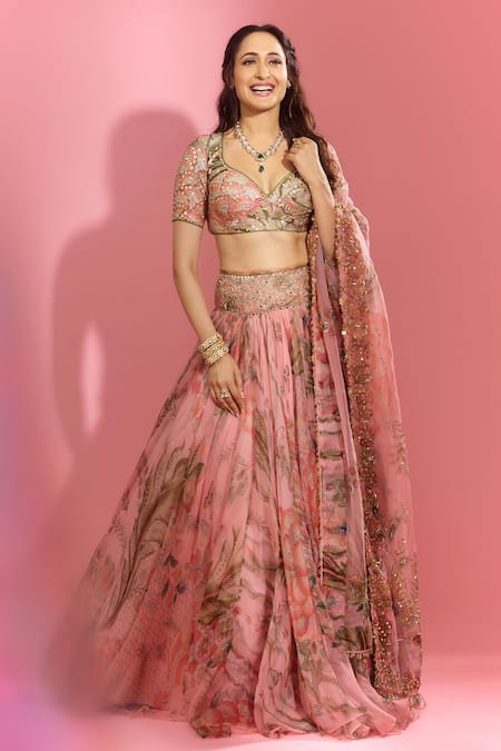 Shop_Mahima Mahajan_Pink Organza, Silk Sequins, Mirrors Pragya Floral Garden Print Lehenga Set _at_Aza_Fashions