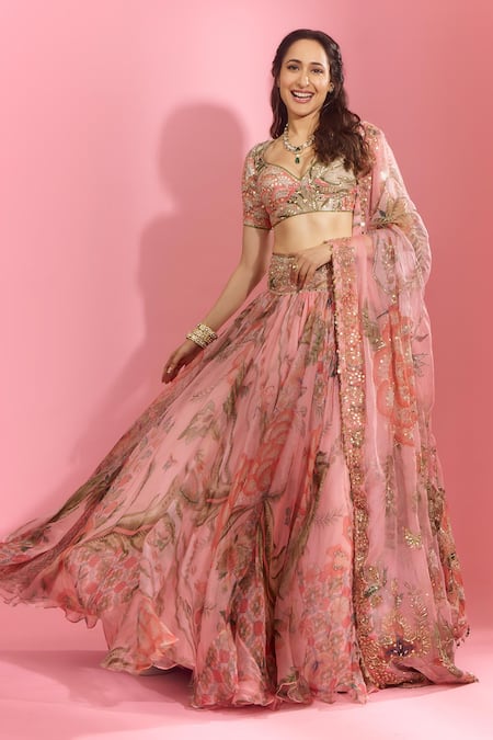 Mahima Mahajan_Pink Organza, Silk Sequins, Mirrors Pragya Floral Garden Print Lehenga Set _Online_at_Aza_Fashions