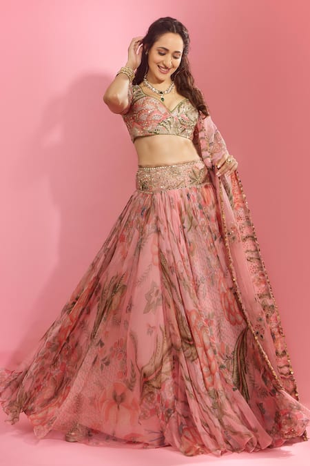 Buy_Mahima Mahajan_Pink Organza, Silk Sequins, Mirrors Pragya Floral Garden Print Lehenga Set _Online_at_Aza_Fashions