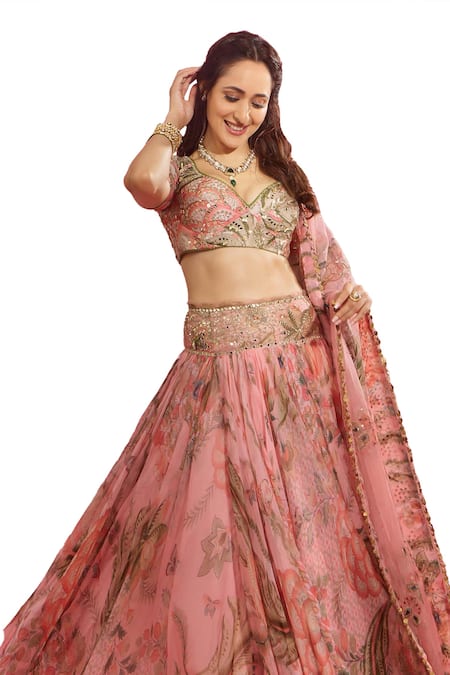Shop_Mahima Mahajan_Pink Organza, Silk Sequins, Mirrors Pragya Floral Garden Print Lehenga Set _Online_at_Aza_Fashions