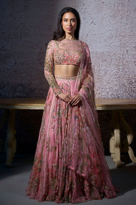 Mahima Mahajan Pink Organza Print Floral Zero Neck Radha Mirror Embroidered Lehenga Set 