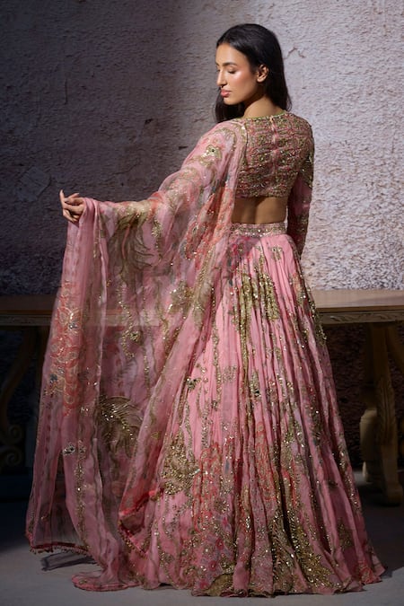 Shop Mahima Mahajan Pink Organza Sequins, Mirrors Asymmetric Radha Embroidered Lehenga Set at Aza Fashions Shop_Mahima Mahajan_Pink Organza Sequins, Mirrors Asymmetric Radha Embroidered Lehenga Set _at_Aza_Fashions