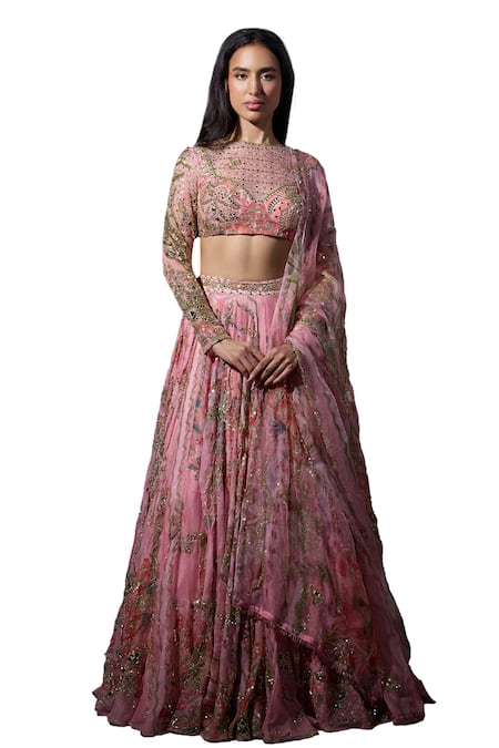 Buy Mahima Mahajan Pink Organza Sequins, Mirrors Asymmetric Radha Embroidered Lehenga Set Online at Aza Fashions Buy_Mahima Mahajan_Pink Organza Sequins, Mirrors Asymmetric Radha Embroidered Lehenga Set _Online_at_Aza_Fashions