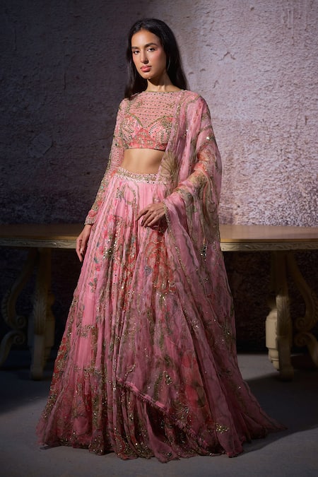 Shop Mahima Mahajan Pink Organza Sequins, Mirrors Asymmetric Radha Embroidered Lehenga Set Online at Aza Fashions Shop_Mahima Mahajan_Pink Organza Sequins, Mirrors Asymmetric Radha Embroidered Lehenga Set _Online_at_Aza_Fashions