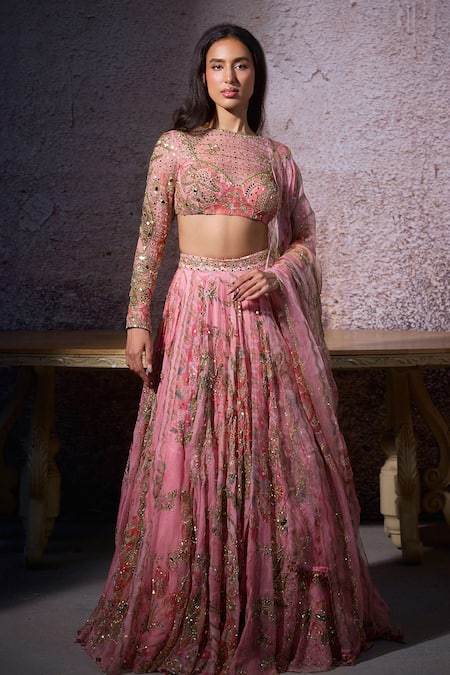 Mahima Mahajan Pink Organza Sequins, Mirrors Asymmetric Radha Embroidered Lehenga Set at Aza Fashions Mahima Mahajan_Pink Organza Sequins, Mirrors Asymmetric Radha Embroidered Lehenga Set _at_Aza_Fashions