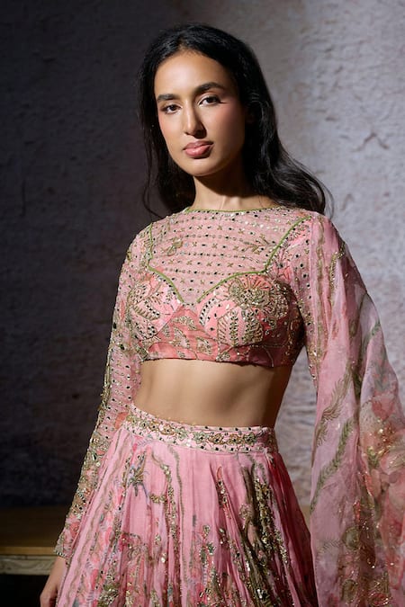 Buy Mahima Mahajan Pink Organza Sequins, Mirrors Asymmetric Radha Embroidered Lehenga Set Buy_Mahima Mahajan_Pink Organza Sequins, Mirrors Asymmetric Radha Embroidered Lehenga Set