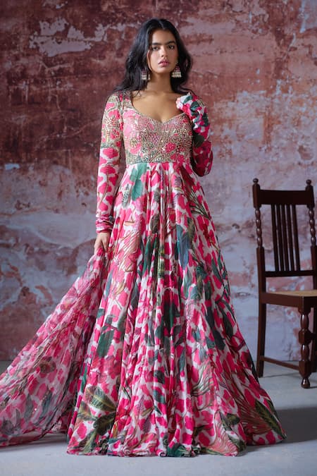 Mahima Mahajan Pink Georgette Print Ramaya Mirror Embroidered Bodice Anarkali With Dupatta 