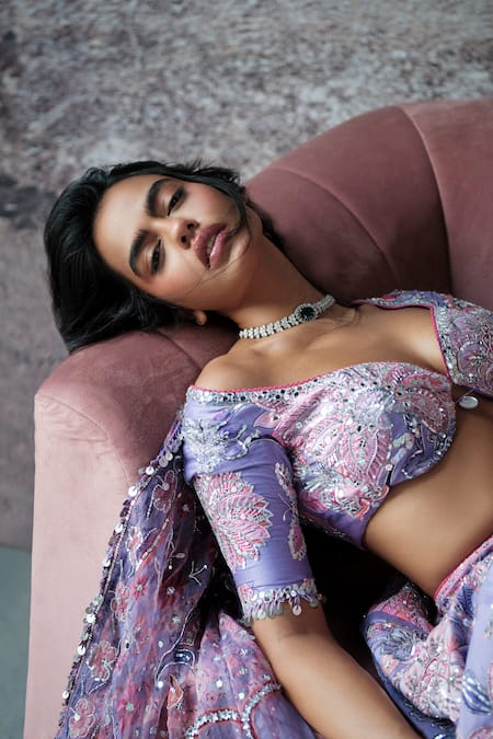 Mahima Mahajan_Purple Organza, Silk, Chanderi Ruhi Floral Embroidered Bridal Lehenga Set _Online_at_Aza_Fashions