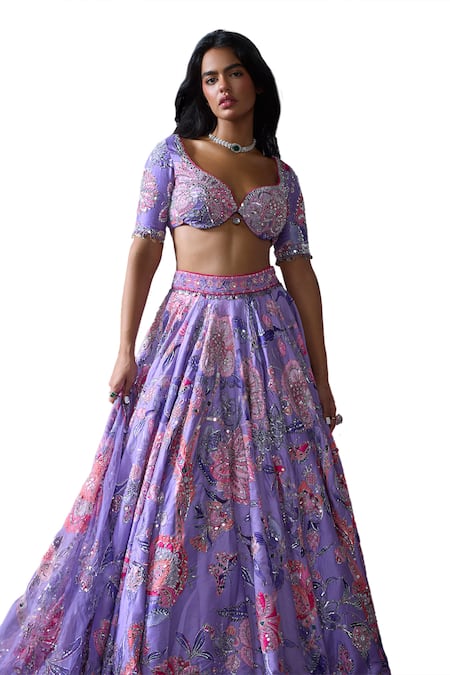 Buy_Mahima Mahajan_Purple Organza, Silk, Chanderi Ruhi Floral Embroidered Bridal Lehenga Set _Online_at_Aza_Fashions