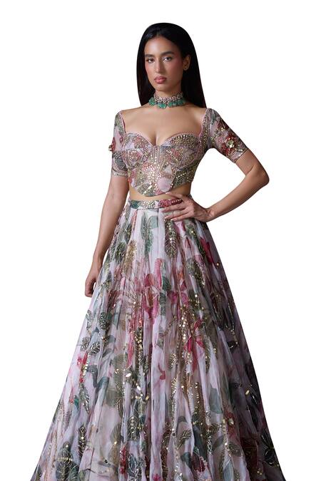 Mahima Mahajan Pink Organza Sequins, Mirrors, Ruhi Embroidered Bridal Lehenga And Corset Set Online at Aza Fashions Mahima Mahajan_Pink Organza Sequins, Mirrors, Ruhi Embroidered Bridal Lehenga And Corset Set _Online_at_Aza_Fashions