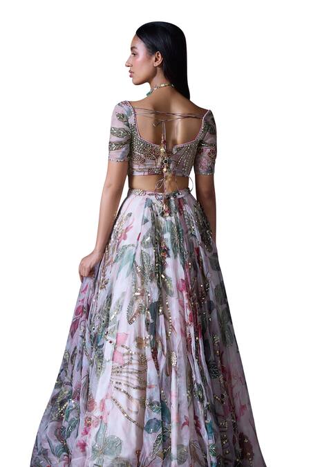 Mahima Mahajan Pink Organza Sequins, Mirrors, Ruhi Embroidered Bridal Lehenga And Corset Set at Aza Fashions Mahima Mahajan_Pink Organza Sequins, Mirrors, Ruhi Embroidered Bridal Lehenga And Corset Set _at_Aza_Fashions
