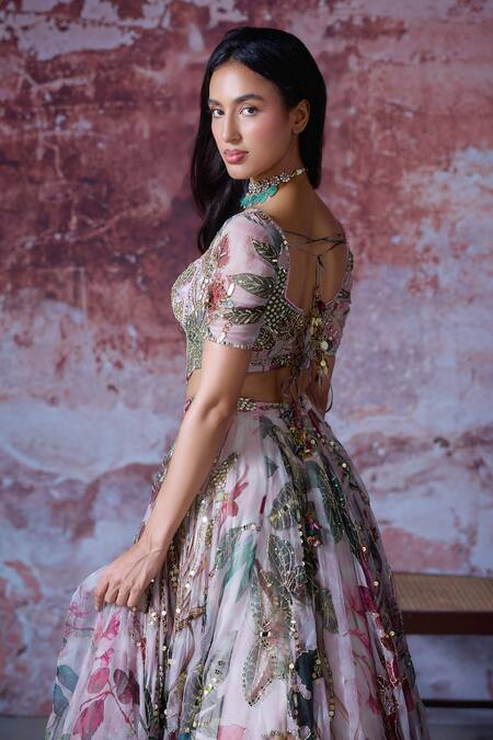 Buy Mahima Mahajan Pink Organza Sequins, Mirrors, Ruhi Embroidered Bridal Lehenga And Corset Set Buy_Mahima Mahajan_Pink Organza Sequins, Mirrors, Ruhi Embroidered Bridal Lehenga And Corset Set
