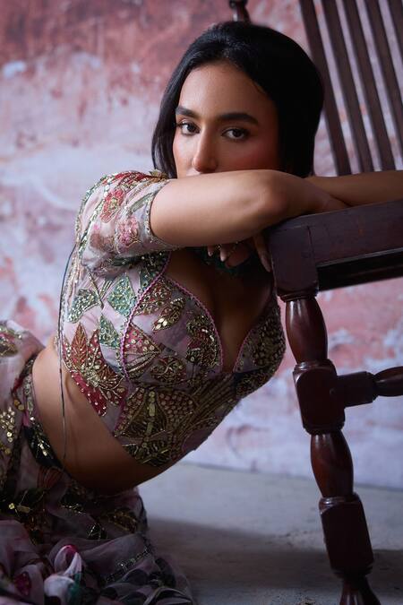 Shop Mahima Mahajan Pink Organza Sequins, Mirrors, Ruhi Embroidered Bridal Lehenga And Corset Set Shop_Mahima Mahajan_Pink Organza Sequins, Mirrors, Ruhi Embroidered Bridal Lehenga And Corset Set