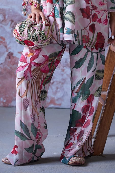 Buy_Mahima Mahajan_Pink Georgette Mirrors, Embroidery V-neck Saya Tropical Print Kurta With Pant _Online_at_Aza_Fashions