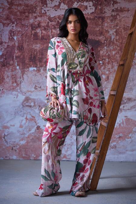 Shop_Mahima Mahajan_Pink Georgette Mirrors, Embroidery V-neck Saya Tropical Print Kurta With Pant _Online_at_Aza_Fashions