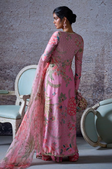 Shop Mahima Mahajan Pink Silk, Chanderi Embroidery, Mirrors Subah Floral Print Kurta With Dupatta at Aza Fashions Shop_Mahima Mahajan_Pink Silk, Chanderi Embroidery, Mirrors Subah Floral Print Kurta With Dupatta _at_Aza_Fashions