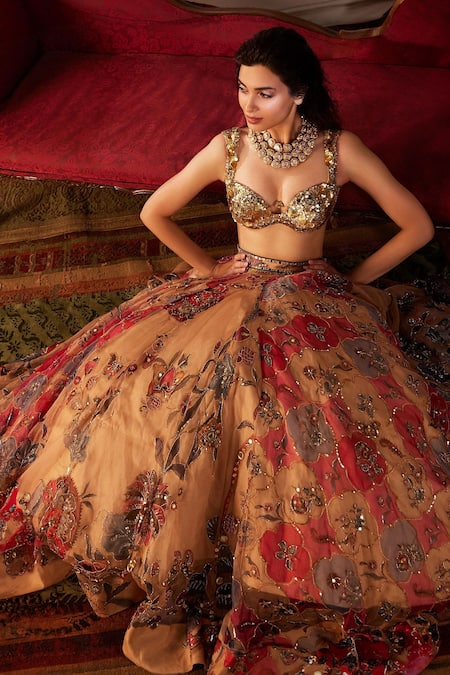 Mahima Mahajan Multi Color Organza Silk Print Suha Quatrefoil Embroidered Lehenga With Blouse 