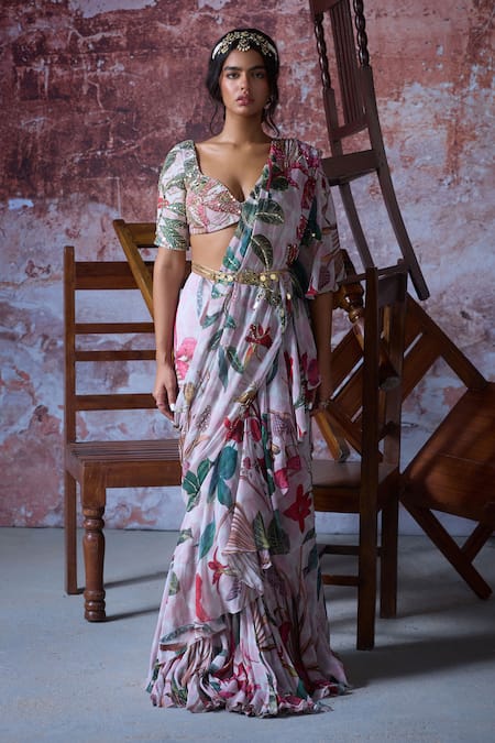 Mahima Mahajan Zafa Floral Print Pre-Draped Saree & Blouse Set 