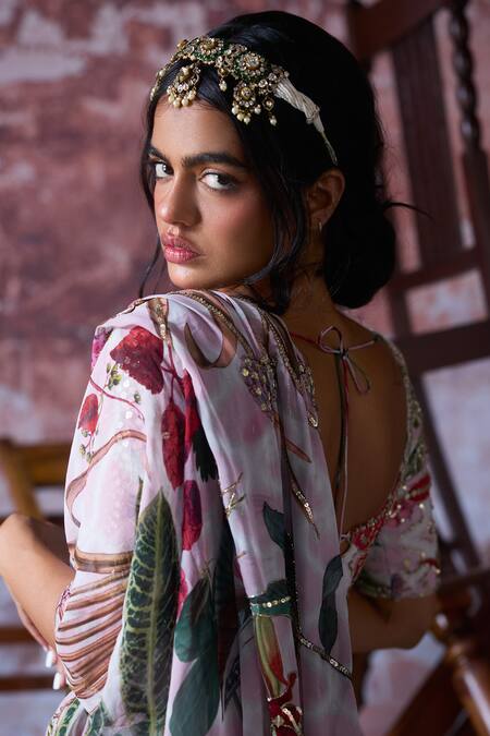 Buy_Mahima Mahajan_Pink Organza Sequins, Beads Polo Zafa Floral Print Pre-draped Saree And Blouse Set _Online_at_Aza_Fashions