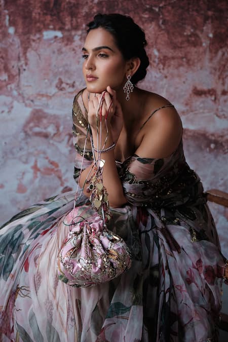 Shop Mahima Mahajan Pink Organza Sequins, Mirrors Zooni Floral Print Lehenga And Ruched Blouse Set at Aza Fashions Shop_Mahima Mahajan_Pink Organza Sequins, Mirrors Zooni Floral Print Lehenga And Ruched Blouse Set _at_Aza_Fashions