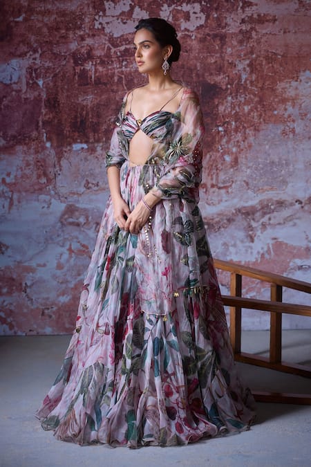 Mahima Mahajan Pink Organza Sequins, Mirrors Zooni Floral Print Lehenga And Ruched Blouse Set Online at Aza Fashions Mahima Mahajan_Pink Organza Sequins, Mirrors Zooni Floral Print Lehenga And Ruched Blouse Set _Online_at_Aza_Fashions