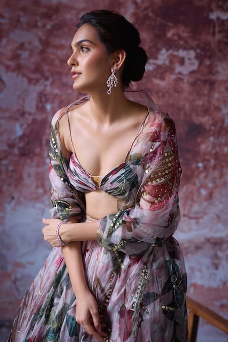 Buy Mahima Mahajan Pink Organza Sequins, Mirrors Zooni Floral Print Lehenga And Ruched Blouse Set Online at Aza Fashions Buy_Mahima Mahajan_Pink Organza Sequins, Mirrors Zooni Floral Print Lehenga And Ruched Blouse Set _Online_at_Aza_Fashions