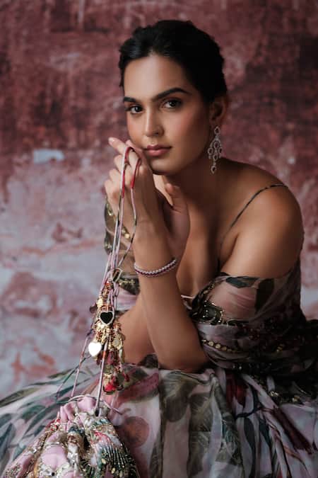 Mahima Mahajan Pink Organza Sequins, Mirrors Zooni Floral Print Lehenga And Ruched Blouse Set at Aza Fashions Mahima Mahajan_Pink Organza Sequins, Mirrors Zooni Floral Print Lehenga And Ruched Blouse Set _at_Aza_Fashions